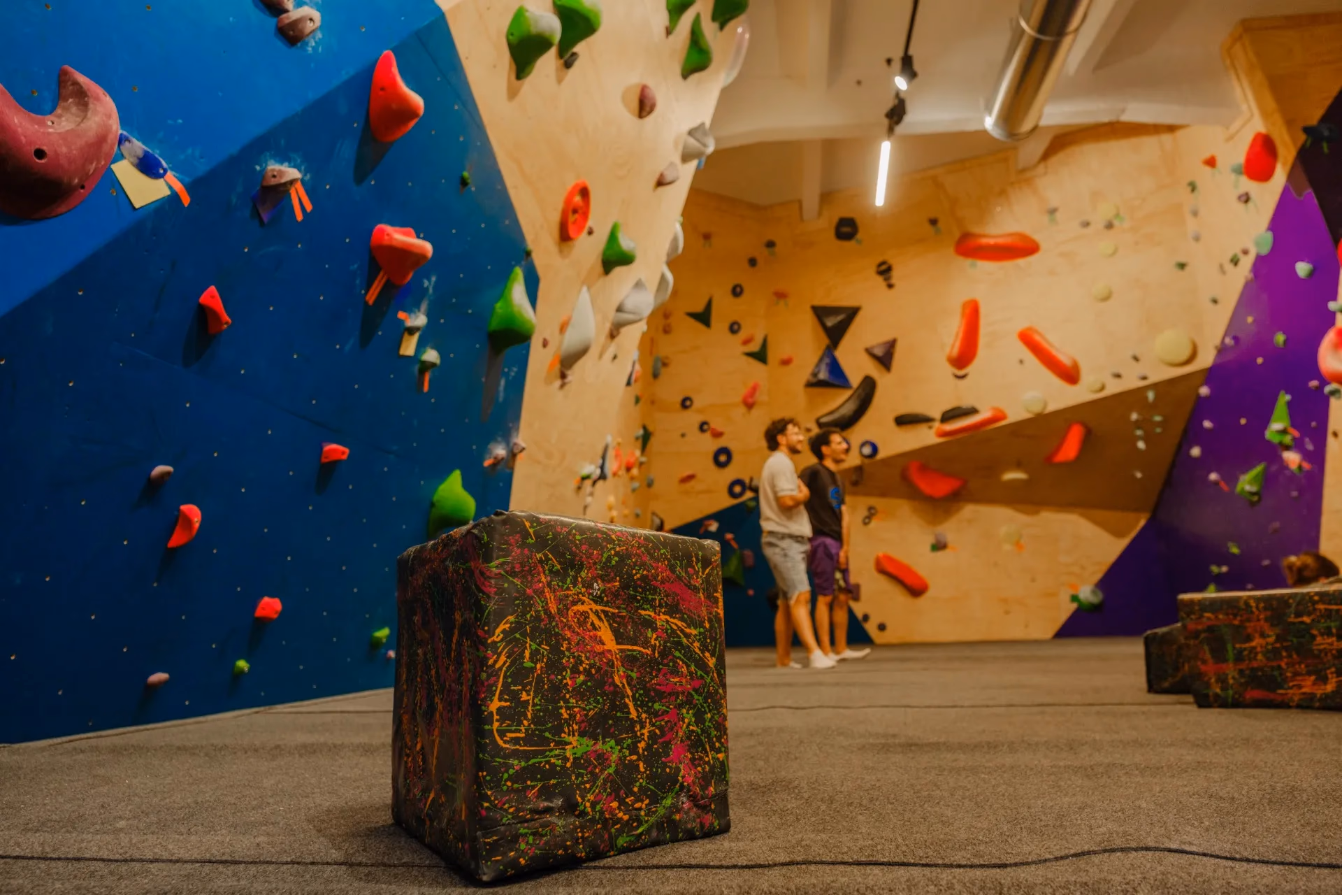 Climber durante un movimento preciso su una parete indoor